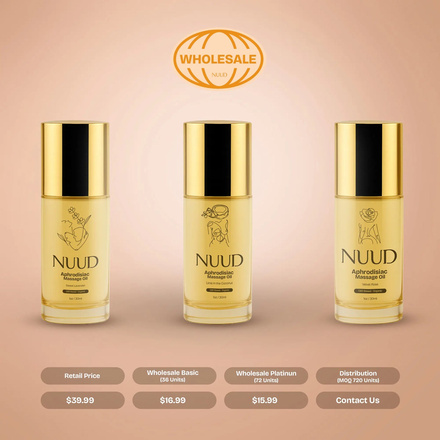 Huiles de massage aphrodisiaques NUUD - Boîte de 12 unités (prix unitaire : 16,99 $)