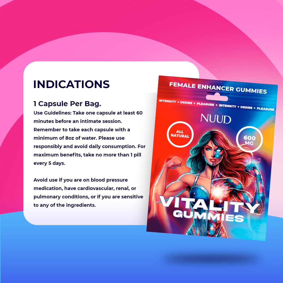 Pouch of Nuud Female Enhancer Gummies 600mg indications per Capsule