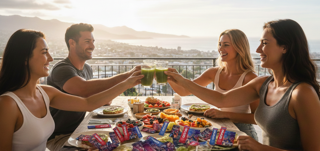 Happy people sharing healthy nutrition and NUUD Pleasures supplements.