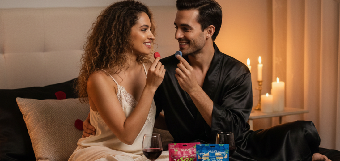 Happy Couple in Bed Shares Love Bites by NUUD Pleasures