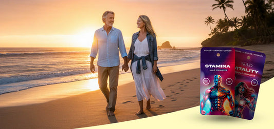 Mature couple holding hands at sunset, symbolizing renewed intimacy and connection and a revitalized sex life after 50.