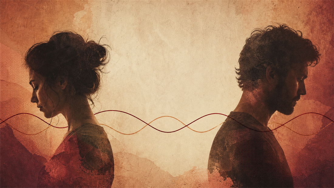 Two couple silhouettes separated by cream space with two out-of-phase wave lines, illustrating how common mismatched libido is in relationships