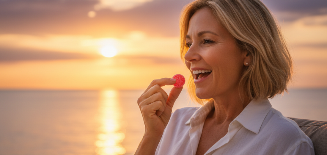 A confident, radiant woman over 50 enjoying a sunset, representing vitality and sexual wellness