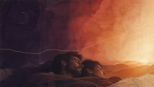 Couple resting in profile under a night-to-dawn color gradient with a dipping and rising line, illustrating how sleep affects sex drive and testosterone