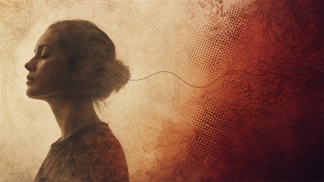Editorial collage of a woman in profile as tangled lines smooth into one calm line, illustrating cortisol and stress lowering sex drive in the moment