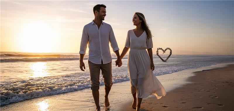 Happy Couple Walking On The Beach
