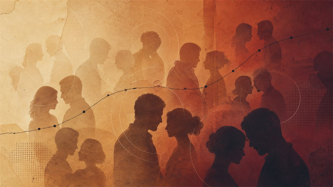 Warm editorial collage of couple silhouettes with a rising hand-drawn age curve, illustrating how sexual desire changes with age across 67,334 adults