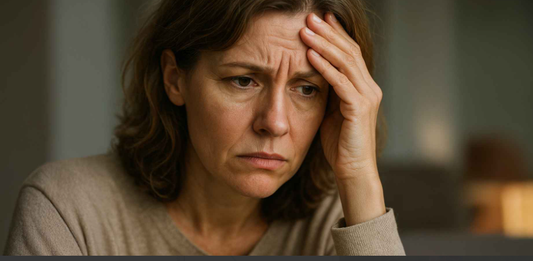 Woman over 40 showing concern about vaginal dryness, a common sign of perimenopause.