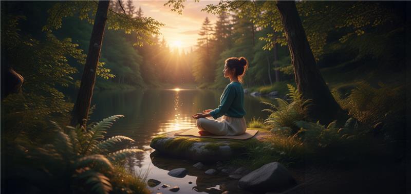 A serene image of a woman in her late 20s to early 30s meditating or practicing gentle yoga outdoors amidst lush greenery or by a calm body of water at sunrise/sunset. 