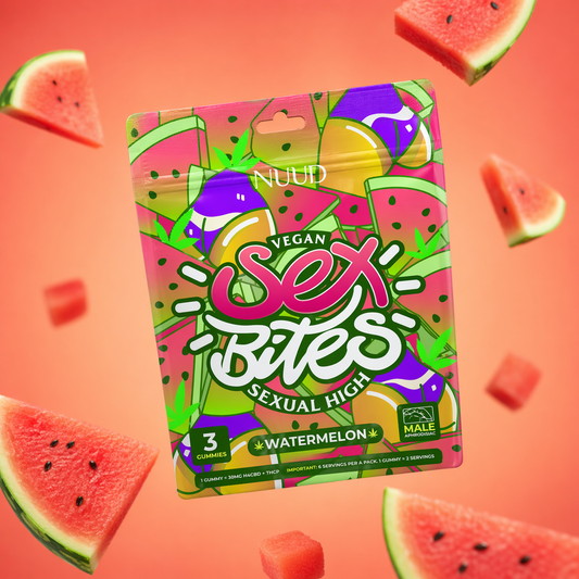 Vegan Sex Bites watermelon gummies packaging with watermelon slices on a pink background