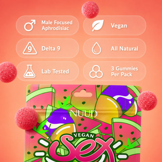 Vegan 'Sex' gummies packaging with colorful design and product details on a pink background.