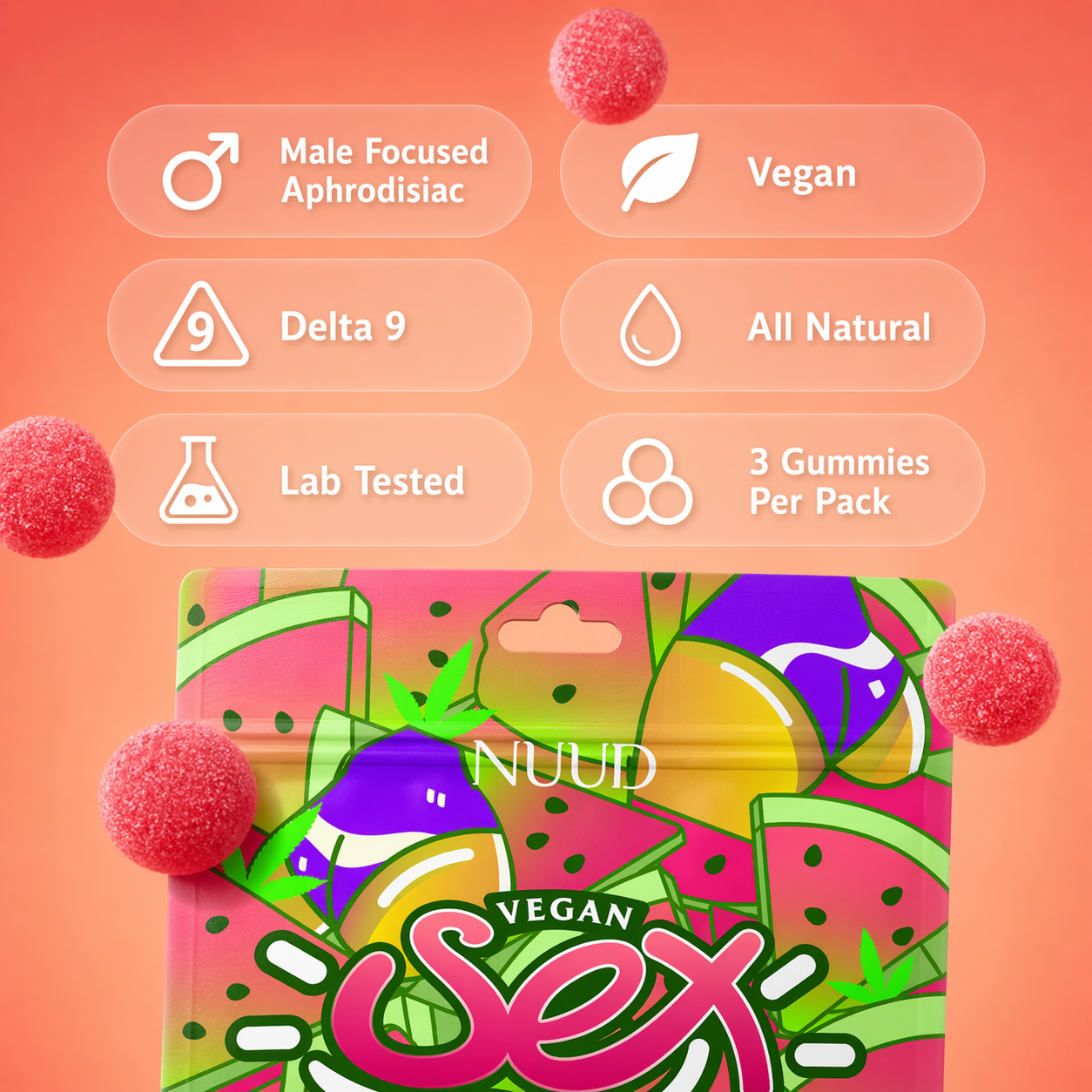 Vegan 'Sex' gummies packaging with colorful design and product details on a pink background.