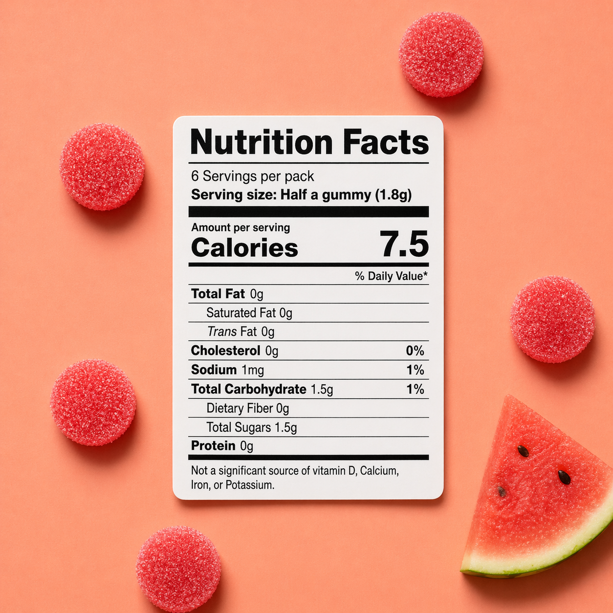 Nutrition facts label for a gummy with watermelon slices and gummies on a peach background