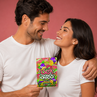 Man and woman holding a NUUD Sex Bite watermelon package against a pink background