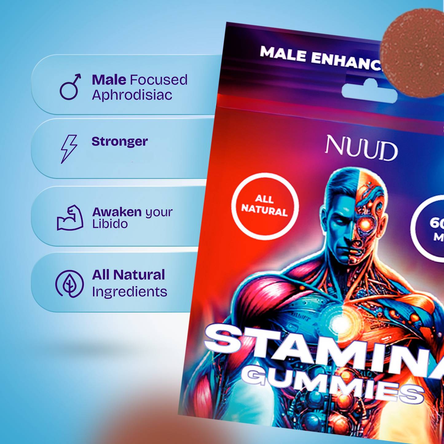 NUUD Stamina Gummies benefits — male focused, all natural ingredients, energy support