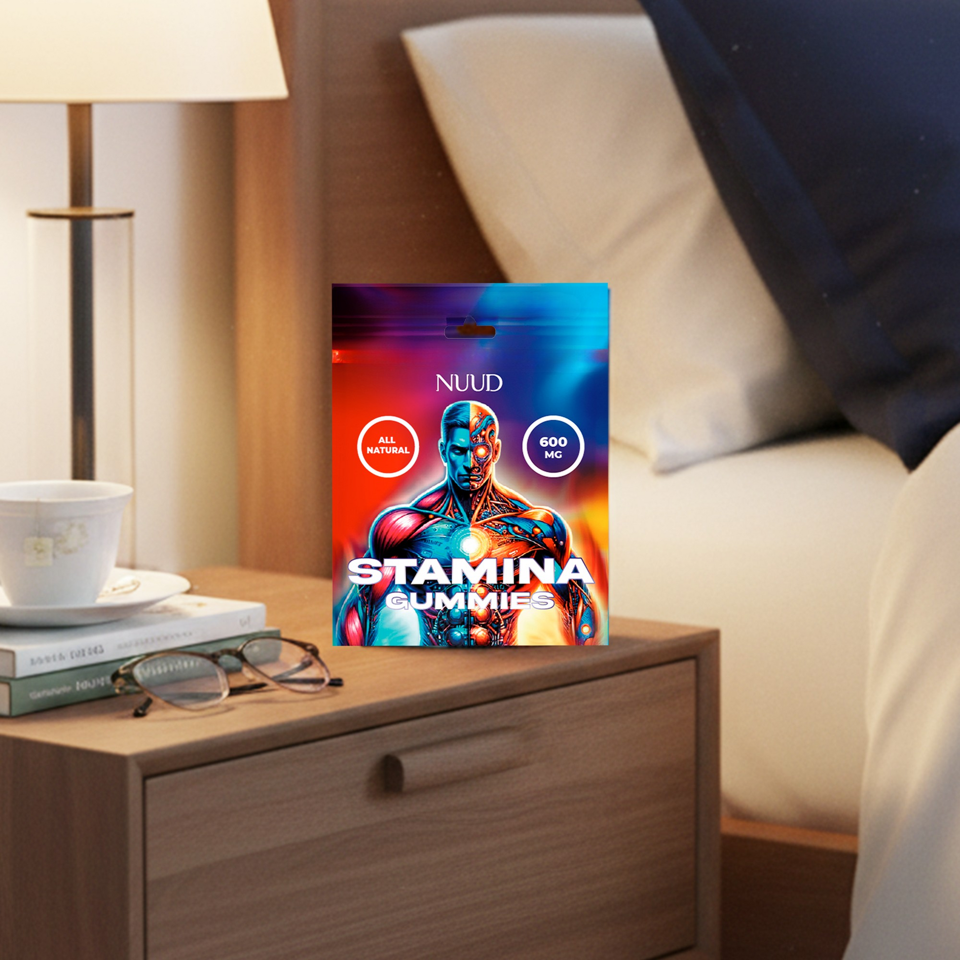 NUUD Stamina Gummies packaging on a nightstand with a lamp and books in the background.