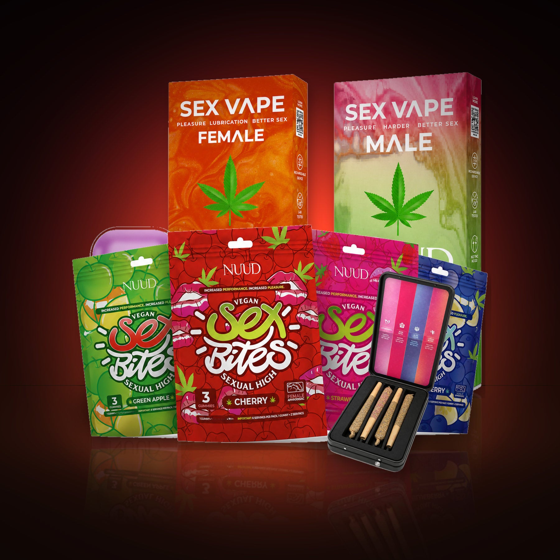 NUUD No Plans Tomorrow hemp bundle for couples: two vapes, Sex Bites, and a pre-roll travel set