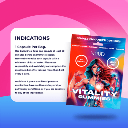 Pouch of Nuud Female Enhancer Gummies 600mg indications per Capsule