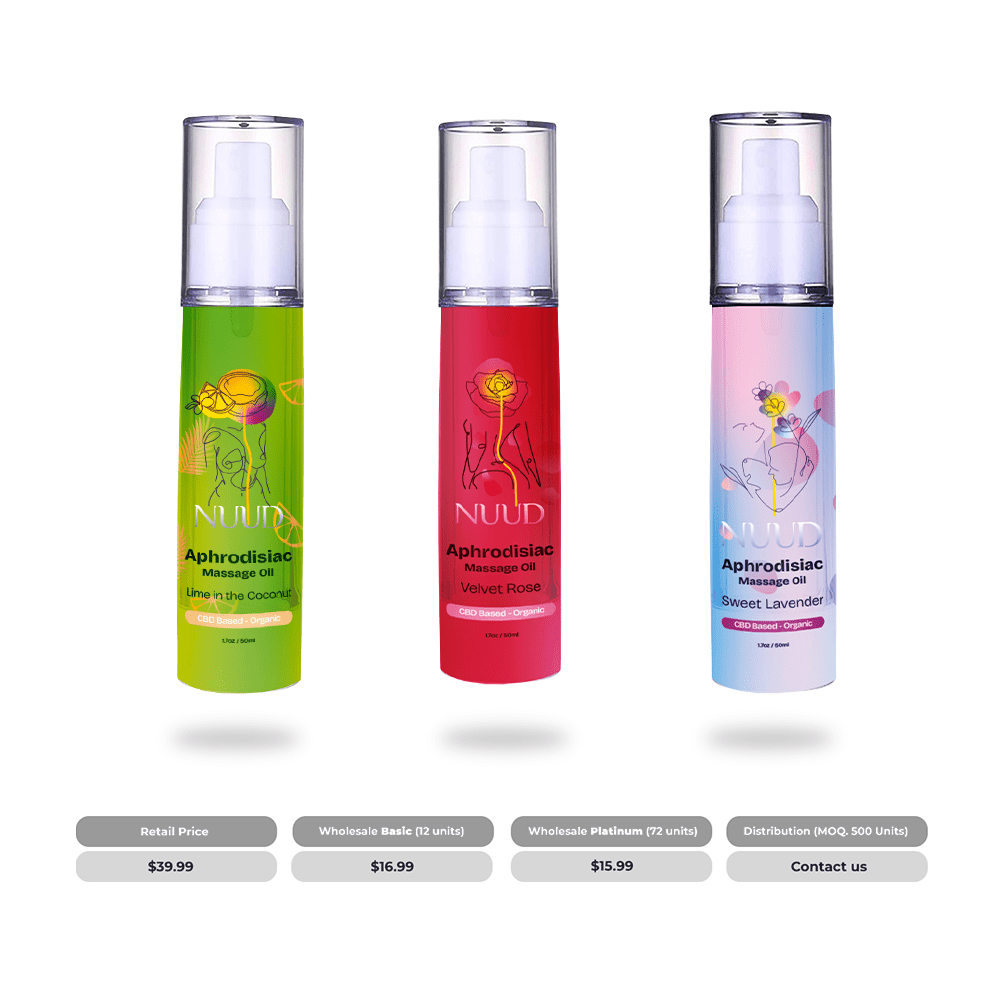 3 Bottles of Nuud Aphrodisiac Massage Oils Lime in the Coconut, Velvet Rose and Sweet Lavender