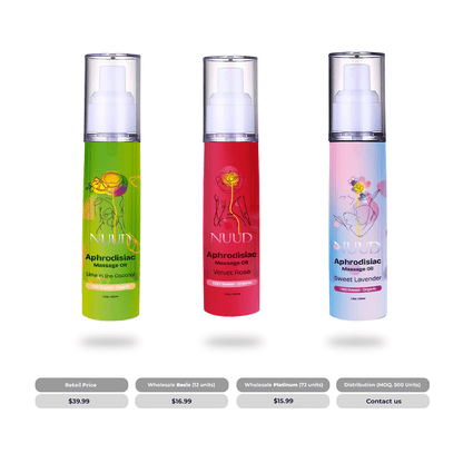 3 Bottles of Nuud Aphrodisiac Massage Oils Lime in the Coconut, Velvet Rose and Sweet Lavender