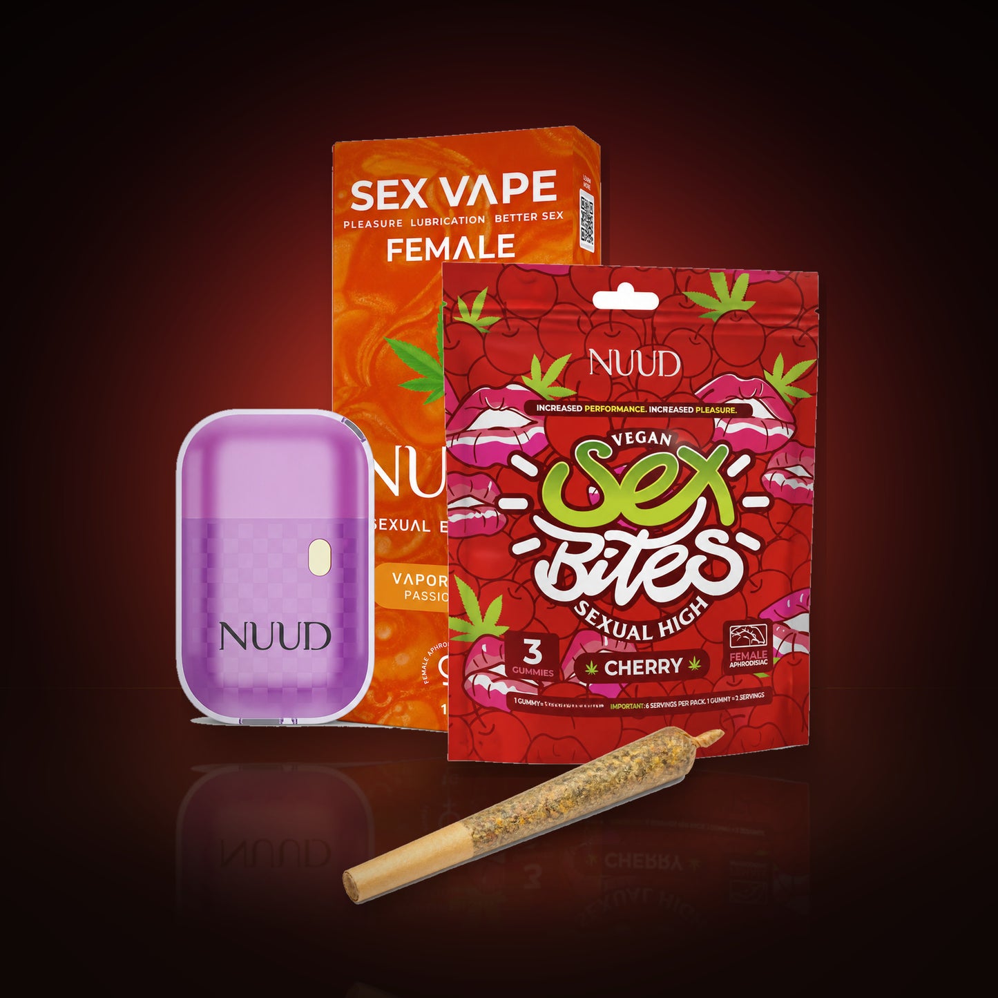 NUUD The Slow Build hemp bundle for her: Passion Fruit vape, Cherry Sex Bites, and a hemp pre-roll
