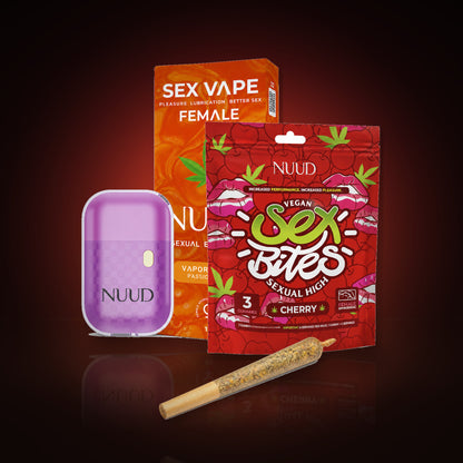 NUUD The Slow Build hemp bundle for her: Passion Fruit vape, Cherry Sex Bites, and a hemp pre-roll