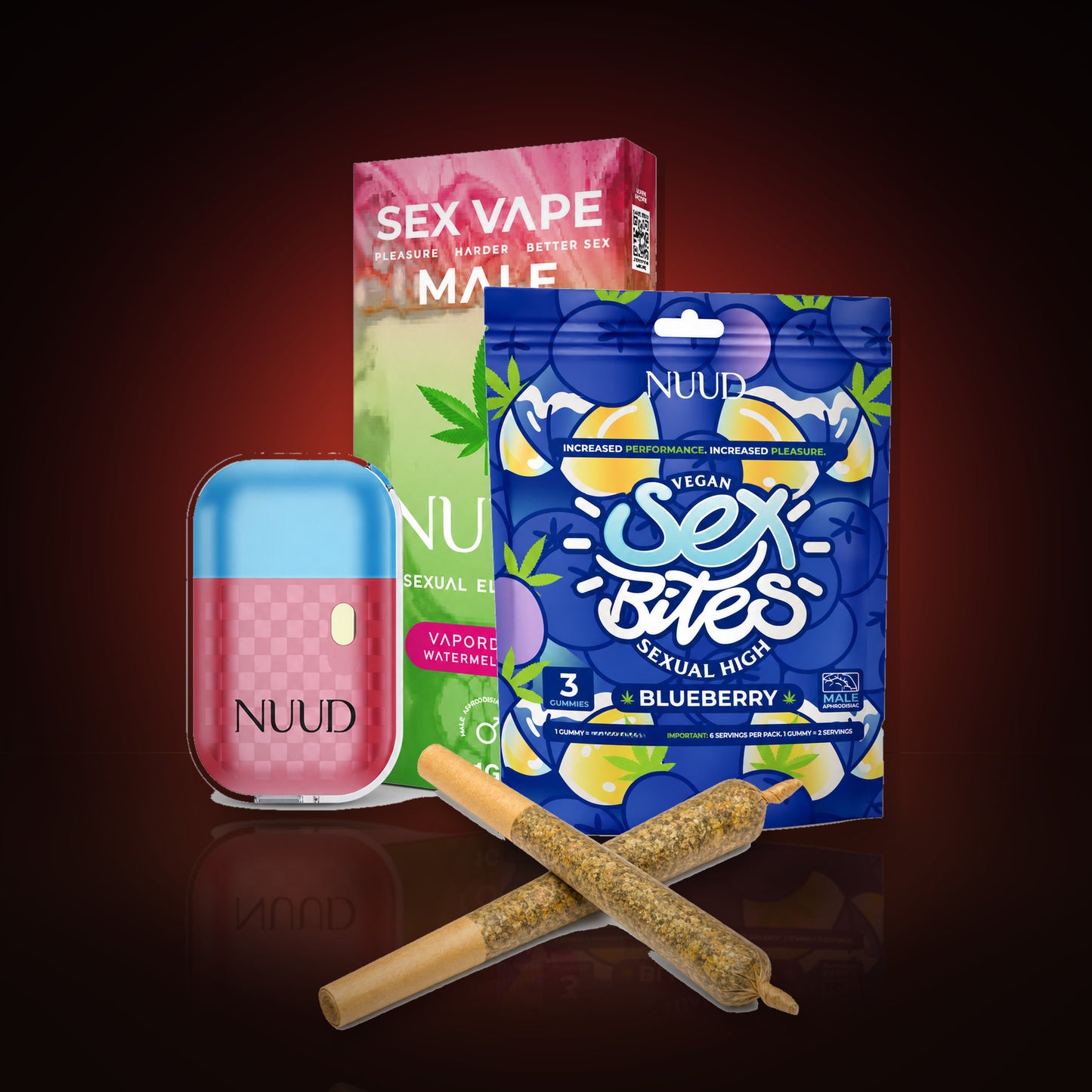 NUUD The Warm Up hemp bundle for him: Watermelon Mint vape, Blueberry Sex Bites, and hemp pre-rolls