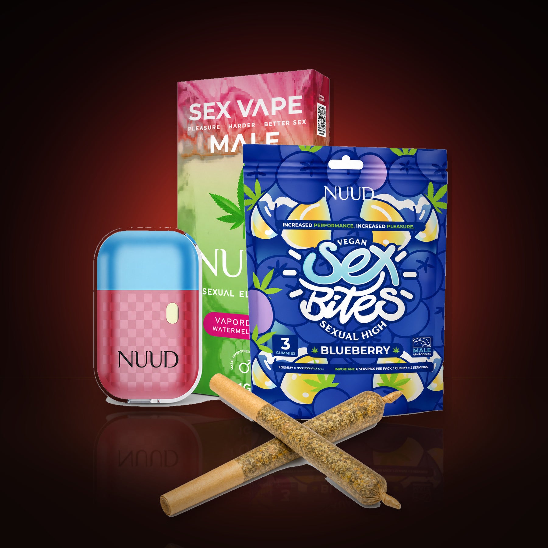 NUUD The Warm Up hemp bundle for him: Watermelon Mint vape, Blueberry Sex Bites, and hemp pre-rolls